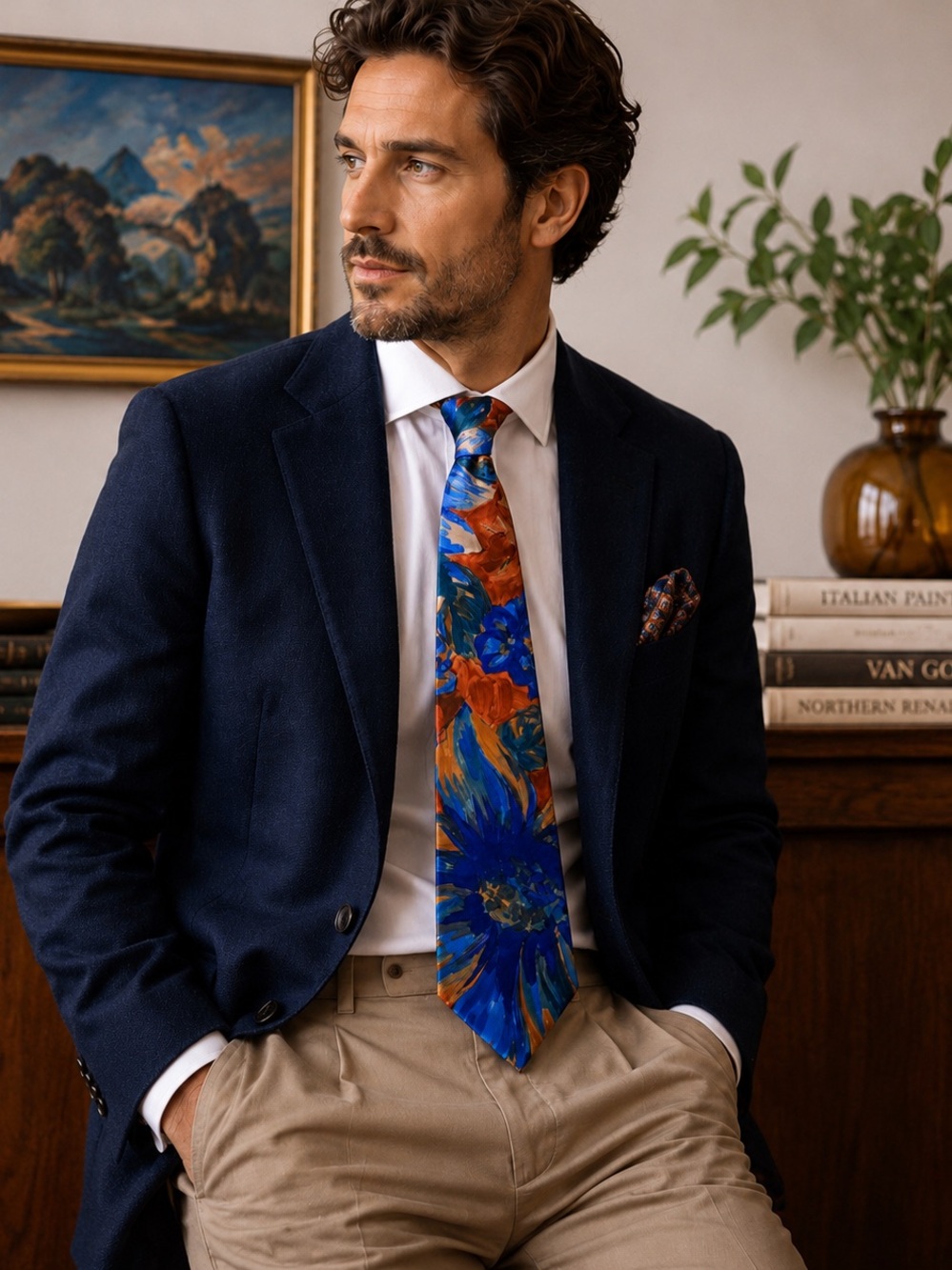 Vintage Italian Handmade Silk Art Tie | Bold Blue Floral Abstract Statement